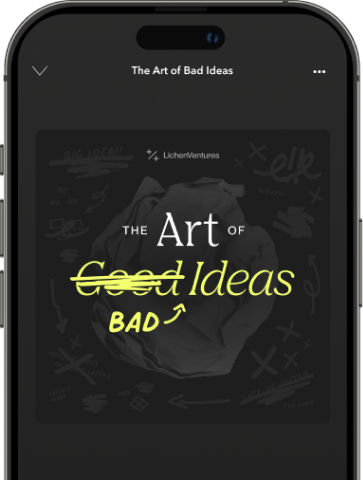 This is a smartphone screen displaying an image that reads "The Art of Bad Ideas," with "Good" crossed out and replaced by "Bad."